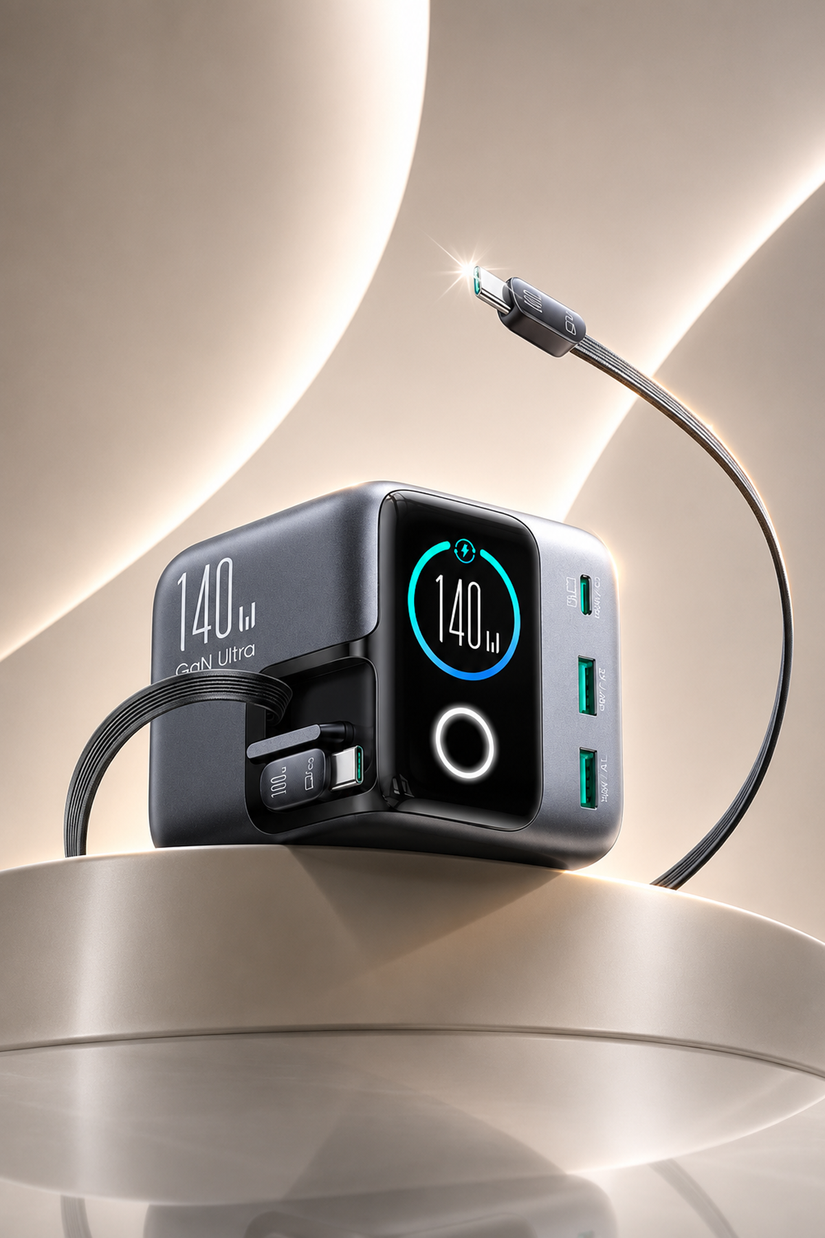 Multi-Port Desktop Charging Station with Retractable Cable
