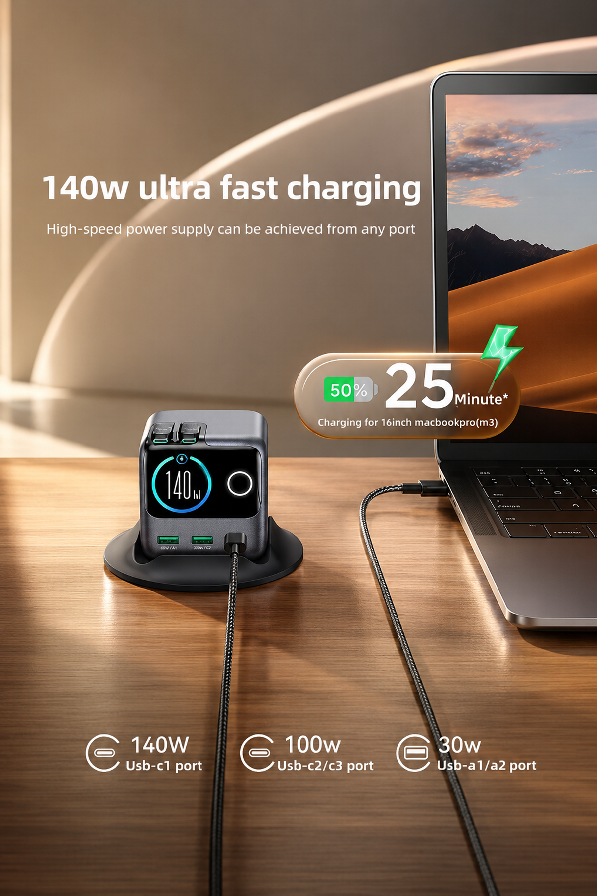 Multi-Port Desktop Charging Station with Retractable Cable