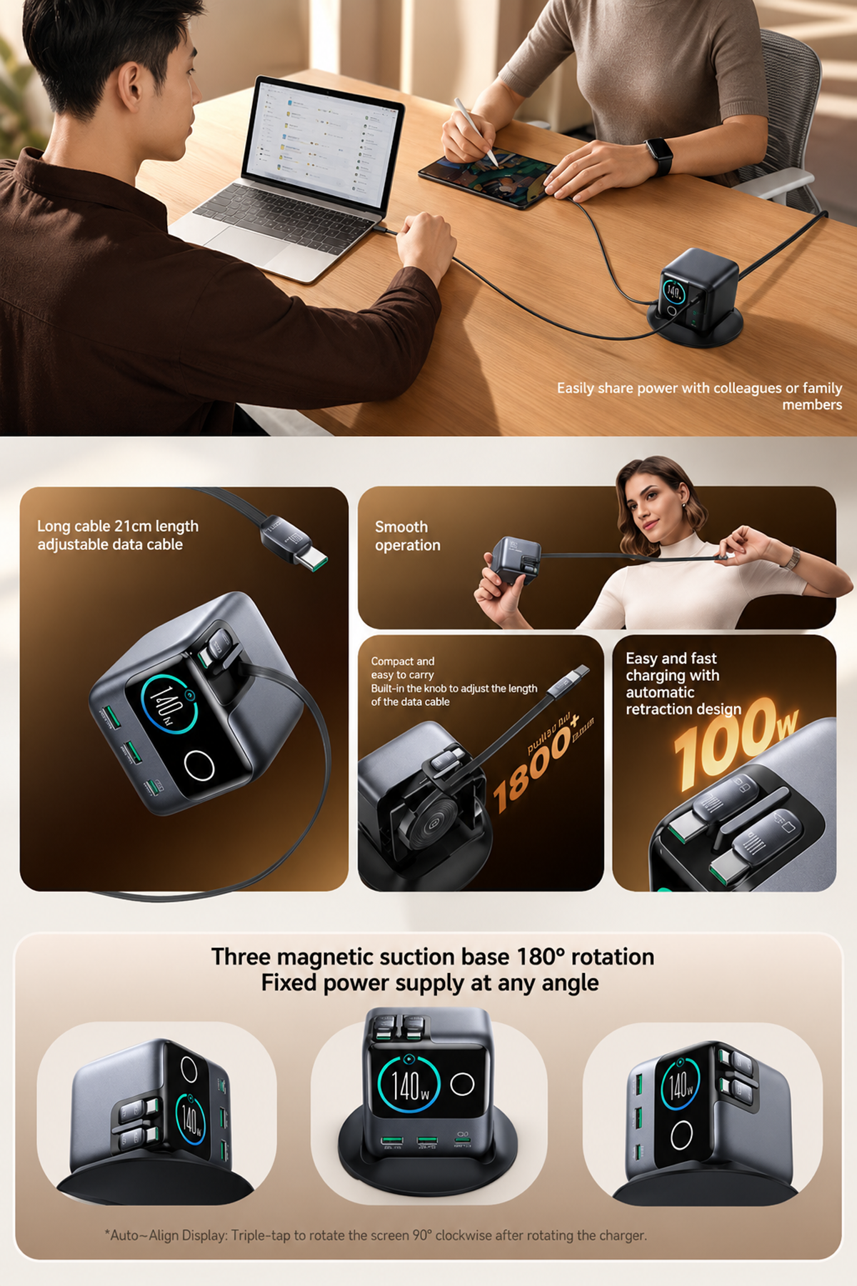 Multi-Port Desktop Charging Station with Retractable Cable